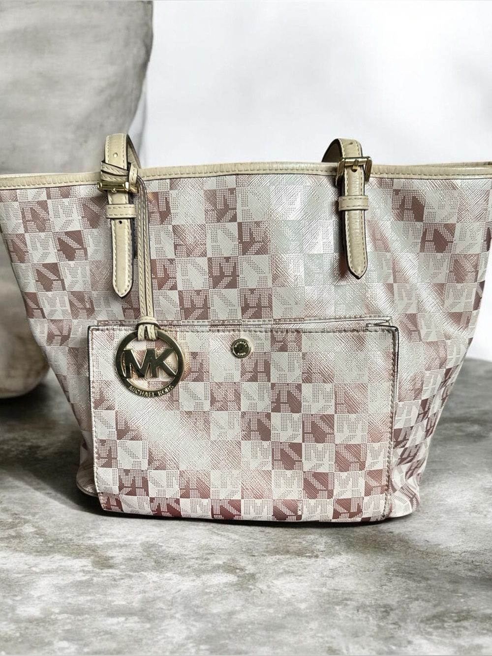 Michael Kors Jet Set Rose Gold Checkerboard Print Tote